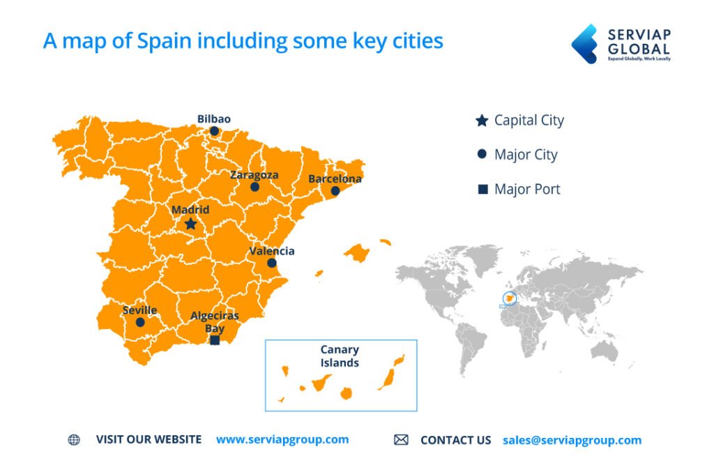 SERVIAP GLOBAL map of Spain to accompany article on employer of record in Spain EOR,