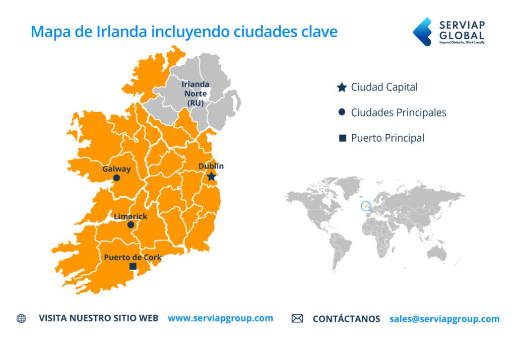 Mapa de Serviap Global para ilustrar un artículo sobre Irlanda EOR para la contratación.