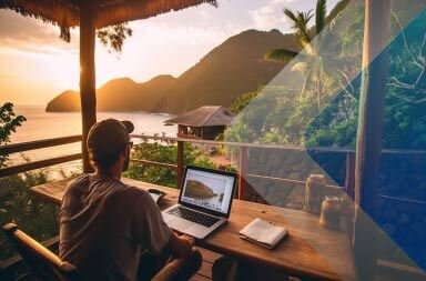 Um trabalhador que trabalha em um destino idílico devido ao seu visto de nômade digital