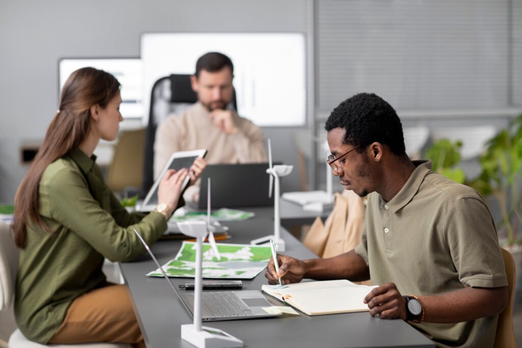 Trabalhadores colaborando em um espaço de escritório. Ele ilustra a criação de uma equipe de centro internacional, que pode acontecer com a ajuda de serviços de EOR remoto. 