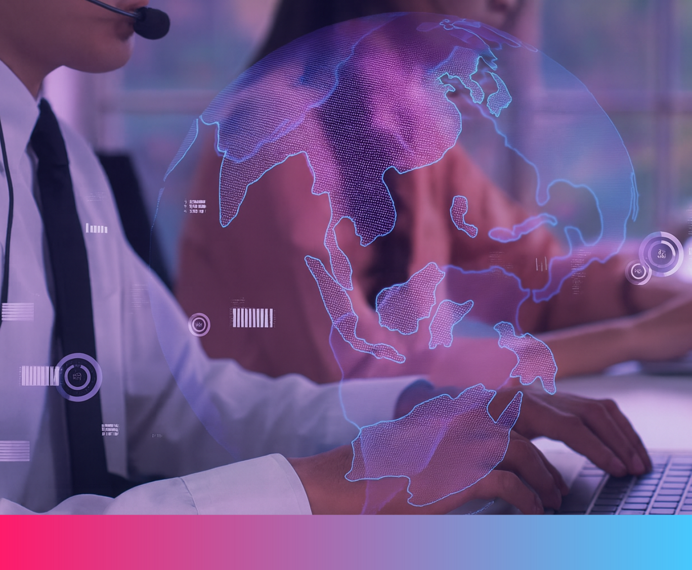 Customer support agents working on laptops with a digital world map overlay, representing a 24/7 global support operation.