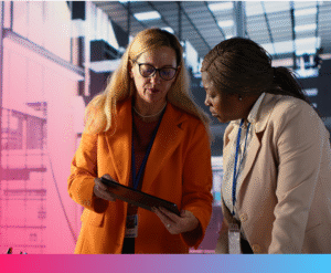 Business professionals discussing international expansion opportunities in a modern office setting